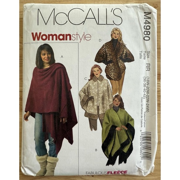 McCall's Pattern M4980 Woman's Capes Size 18W-24W Uncut FF - Picture 1 of 4